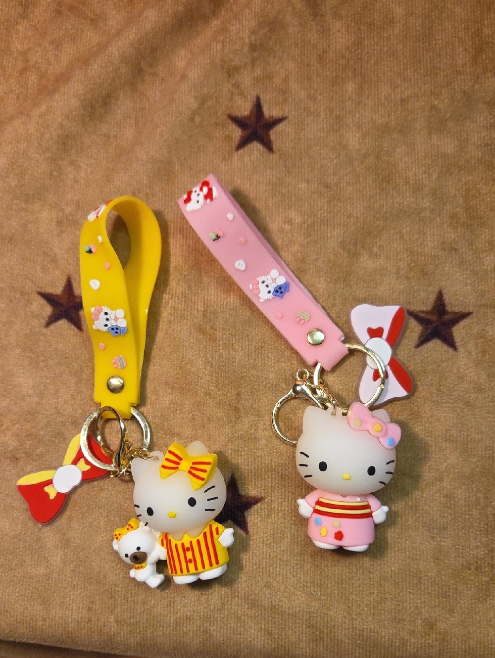 Hello Kitty Yellow & Pink Character Keychain Pair with Wrist Straps